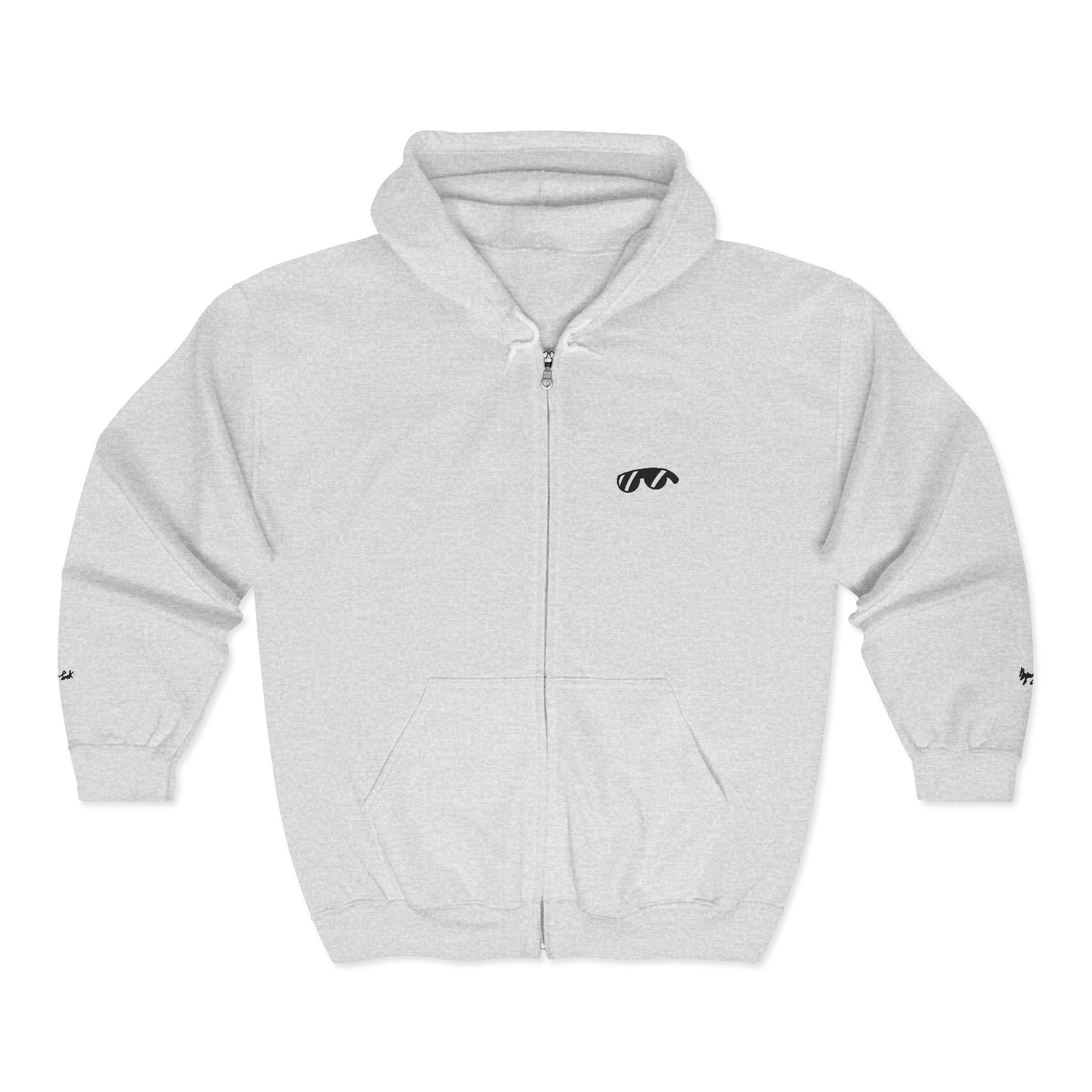Monovi Studio Sunglasses Logo Zip Hoodie — Small Chest & Sleeve Graphic