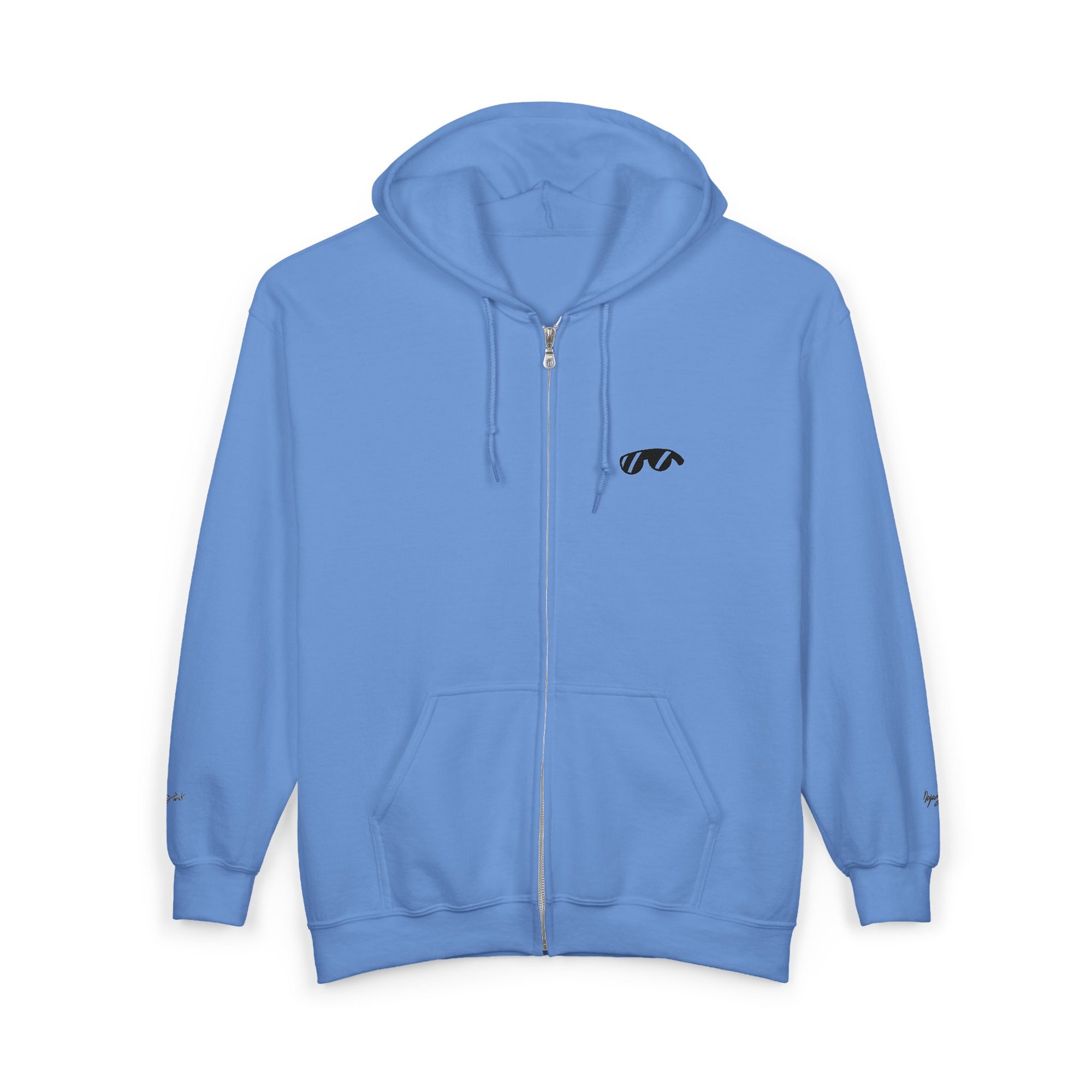 Monovi Studio Sunglasses Logo Zip Hoodie — Small Chest & Sleeve Graphic