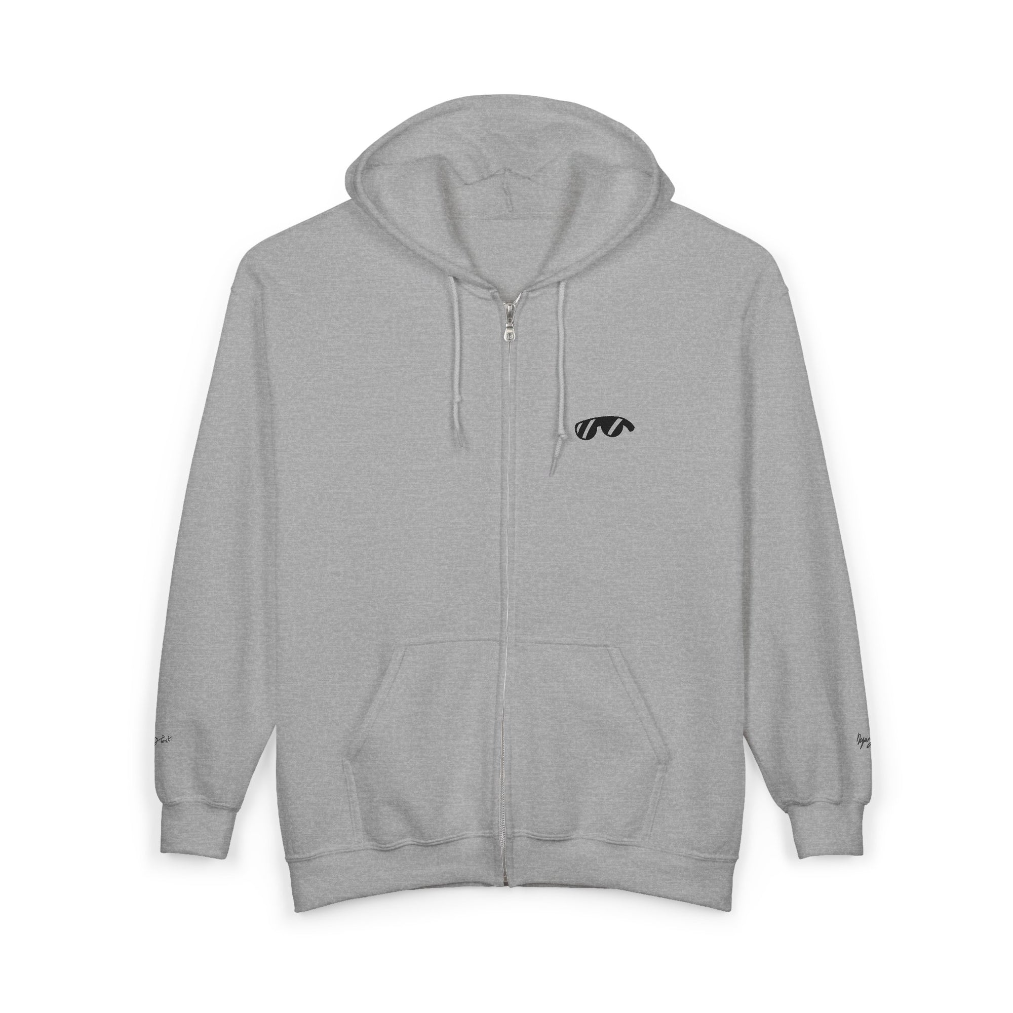 Monovi Studio Sunglasses Logo Zip Hoodie — Small Chest & Sleeve Graphic