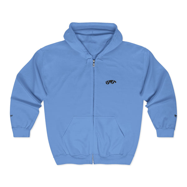 Monovi Studio Sunglasses Logo Zip Hoodie — Small Chest & Sleeve Graphic