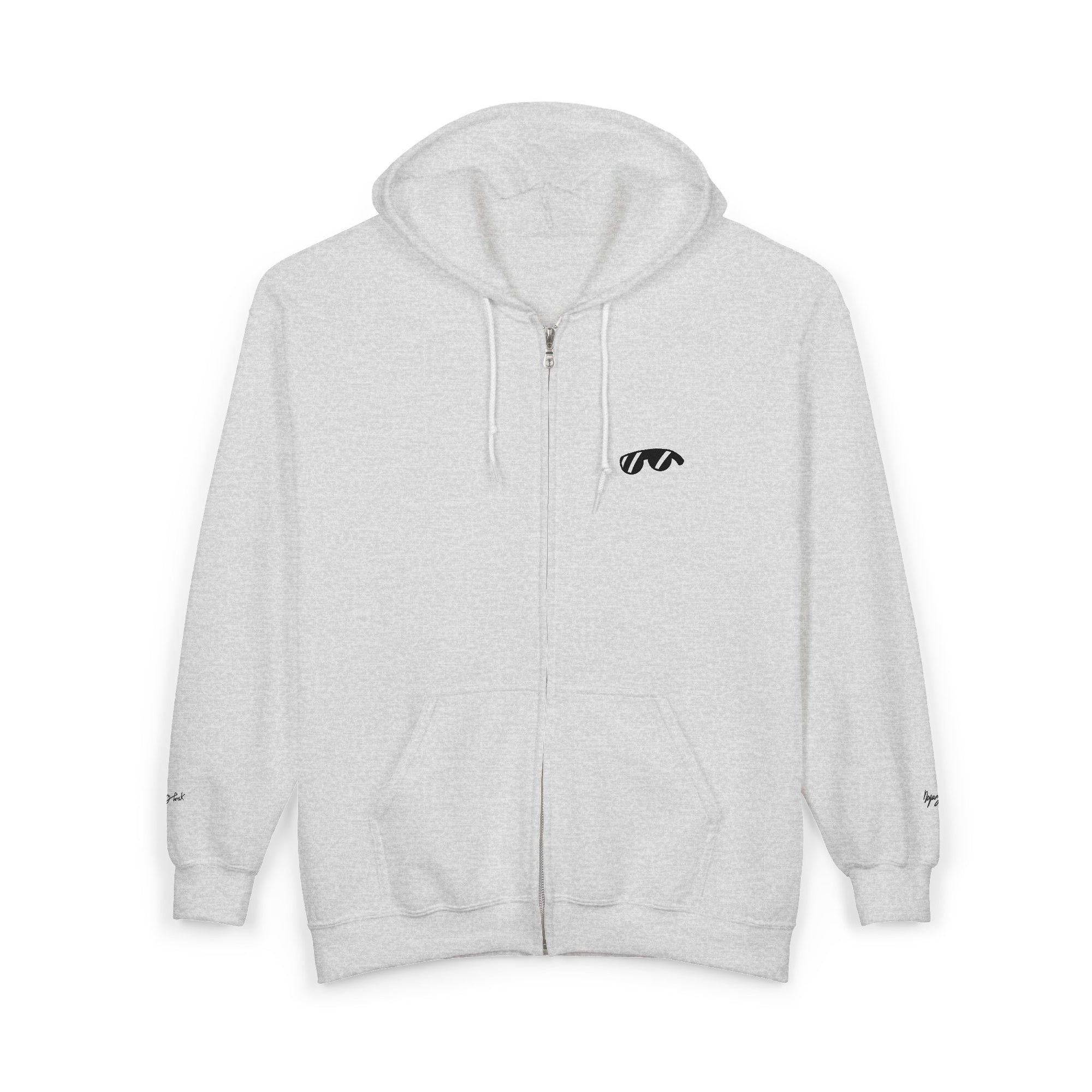 Monovi Studio Sunglasses Logo Zip Hoodie — Small Chest & Sleeve Graphic